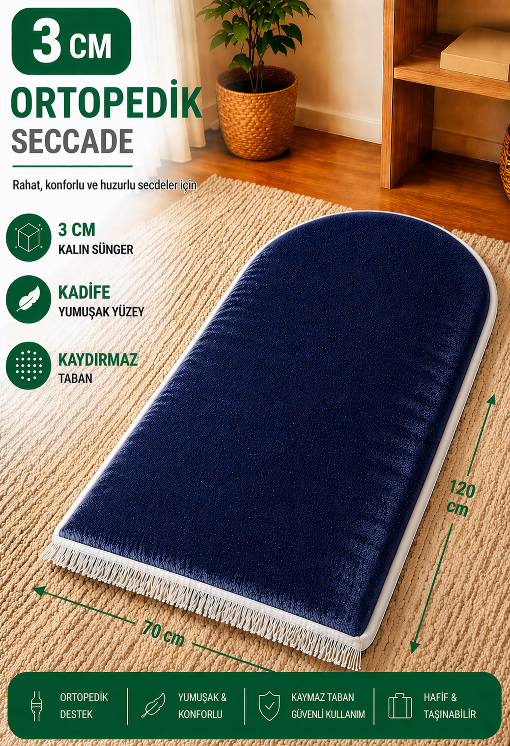 Düz renk 3 cm süngerli ortopedik seccade, kalın yapılı ve kaymaz tabanlı
