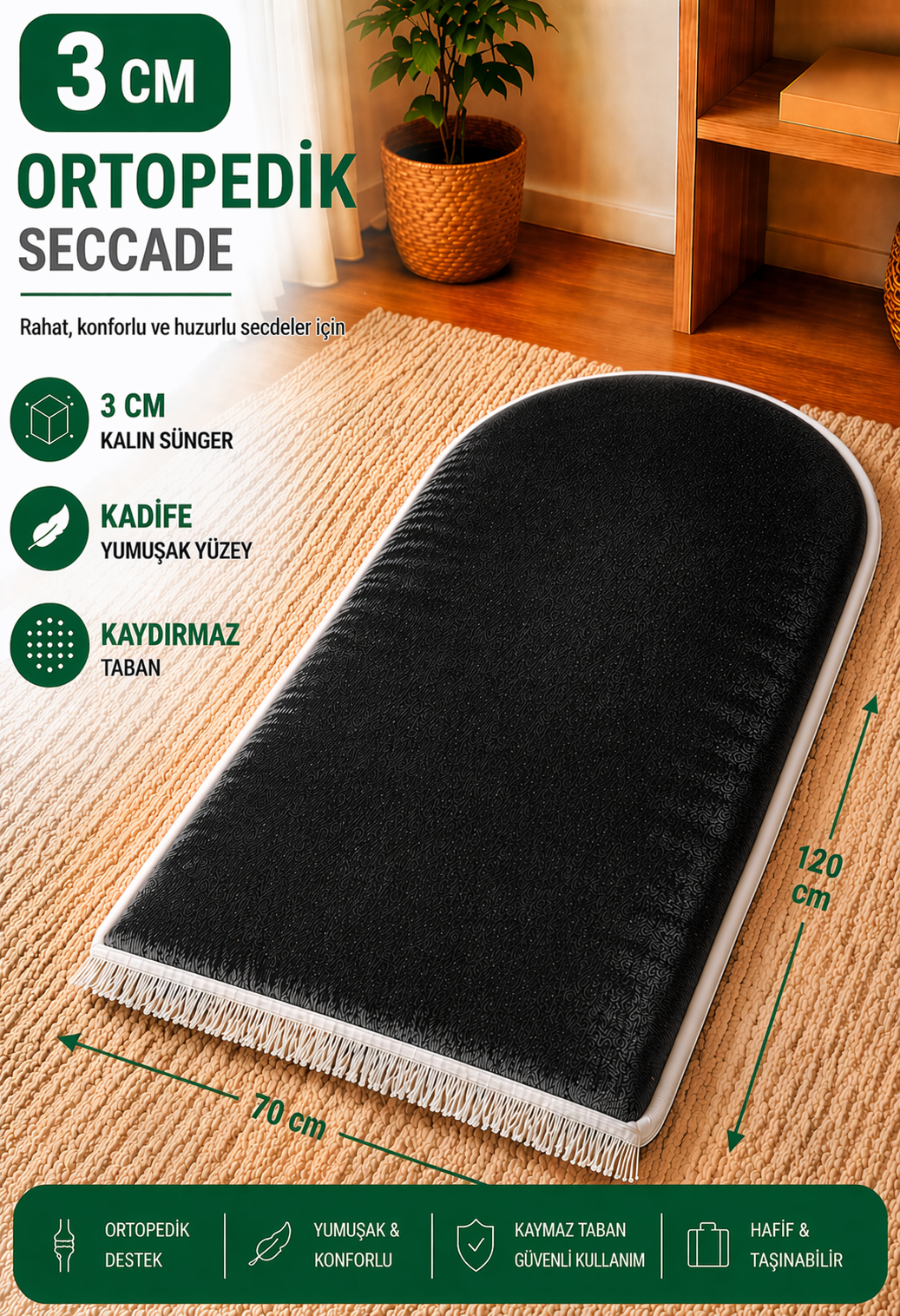 Düz renk 3 cm süngerli ortopedik seccade, kalın yapılı ve kaymaz tabanlı