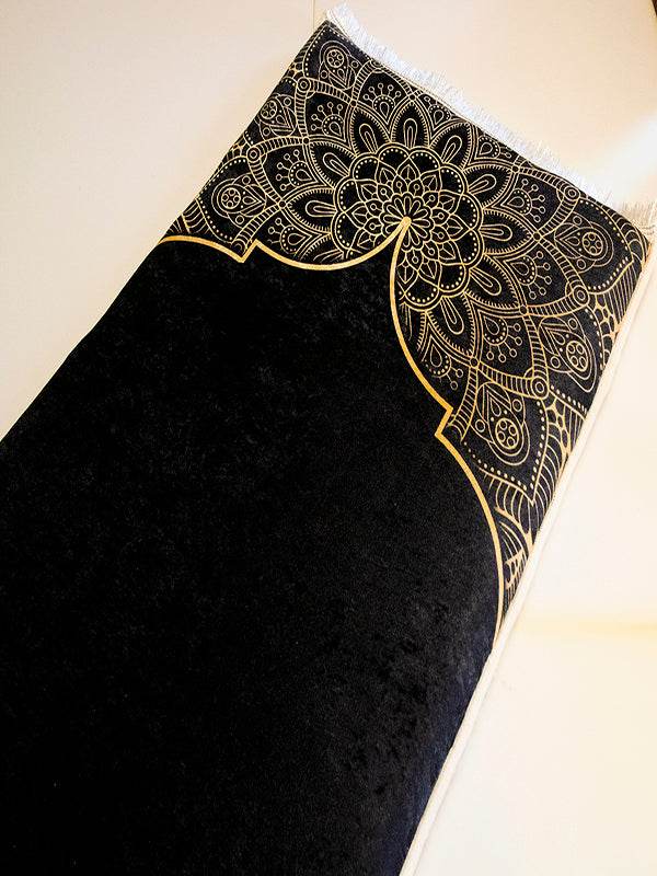 3 CM Süngerli Ortopedik Seccade - Siyah Minimal Kadife Kaymaz Tabanlı - Carpetella