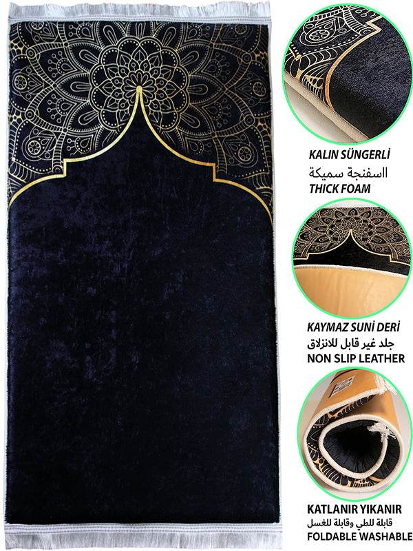 3 CM Süngerli Ortopedik Seccade - Siyah Minimal Kadife Kaymaz Tabanlı - Carpetella