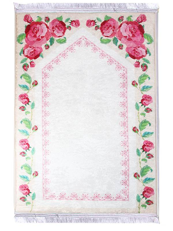 3 CM Süngerli Ortopedik Seccade - Pembe Çiçek Desenli Lüks Kadife 70x120cm - Carpetella