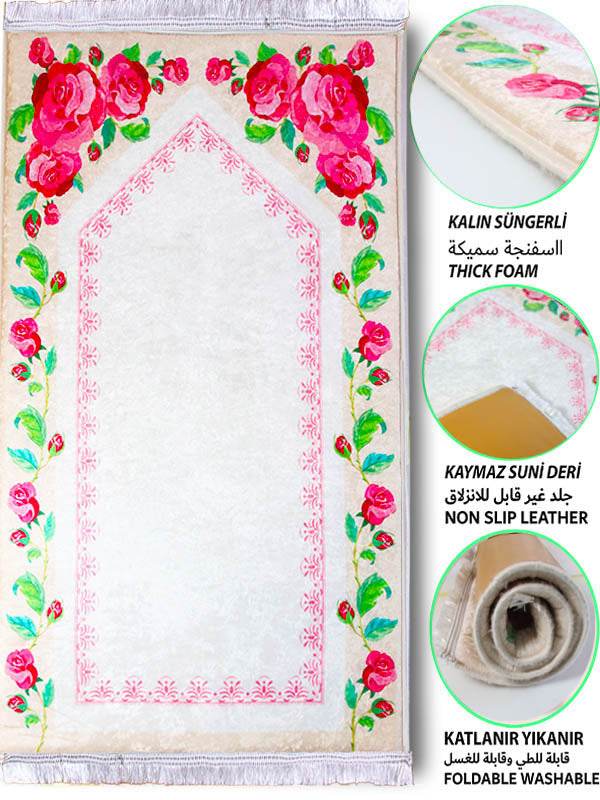 3 CM Süngerli Ortopedik Seccade - Pembe Çiçek Desenli Lüks Kadife 70x120cm - Carpetella