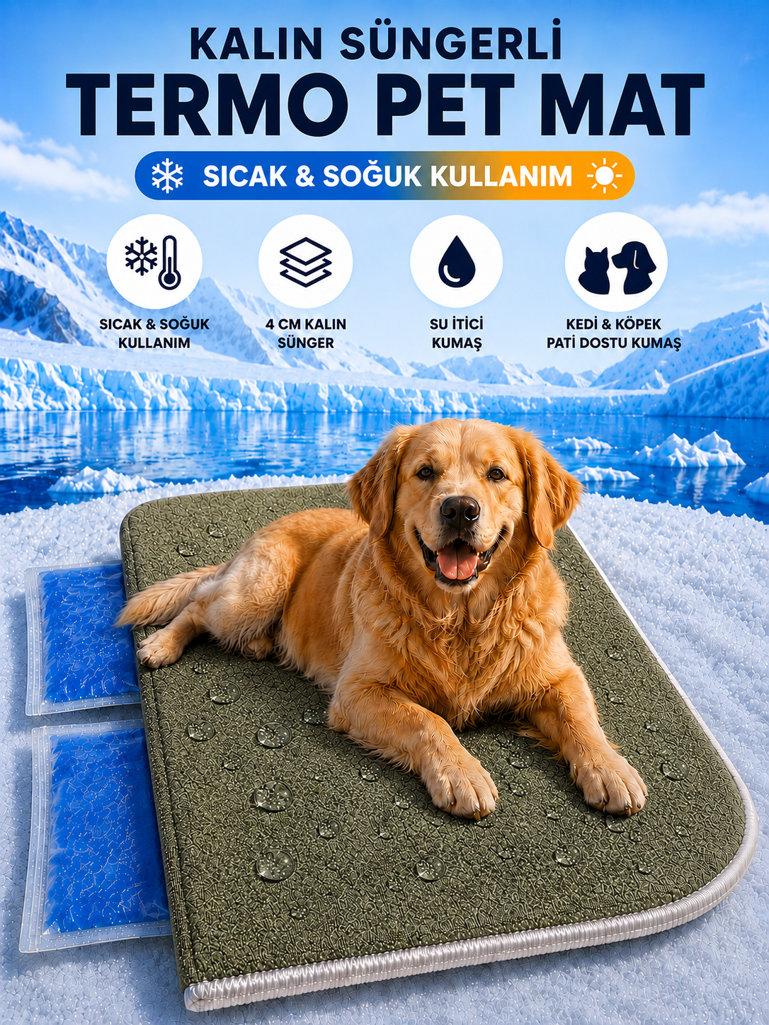 Soğuk Sıcak Termojelli Kedi Köpek Yatağı Minderi | Yeşil Pati Dostu Kaymaz Tabanlı Su İtici