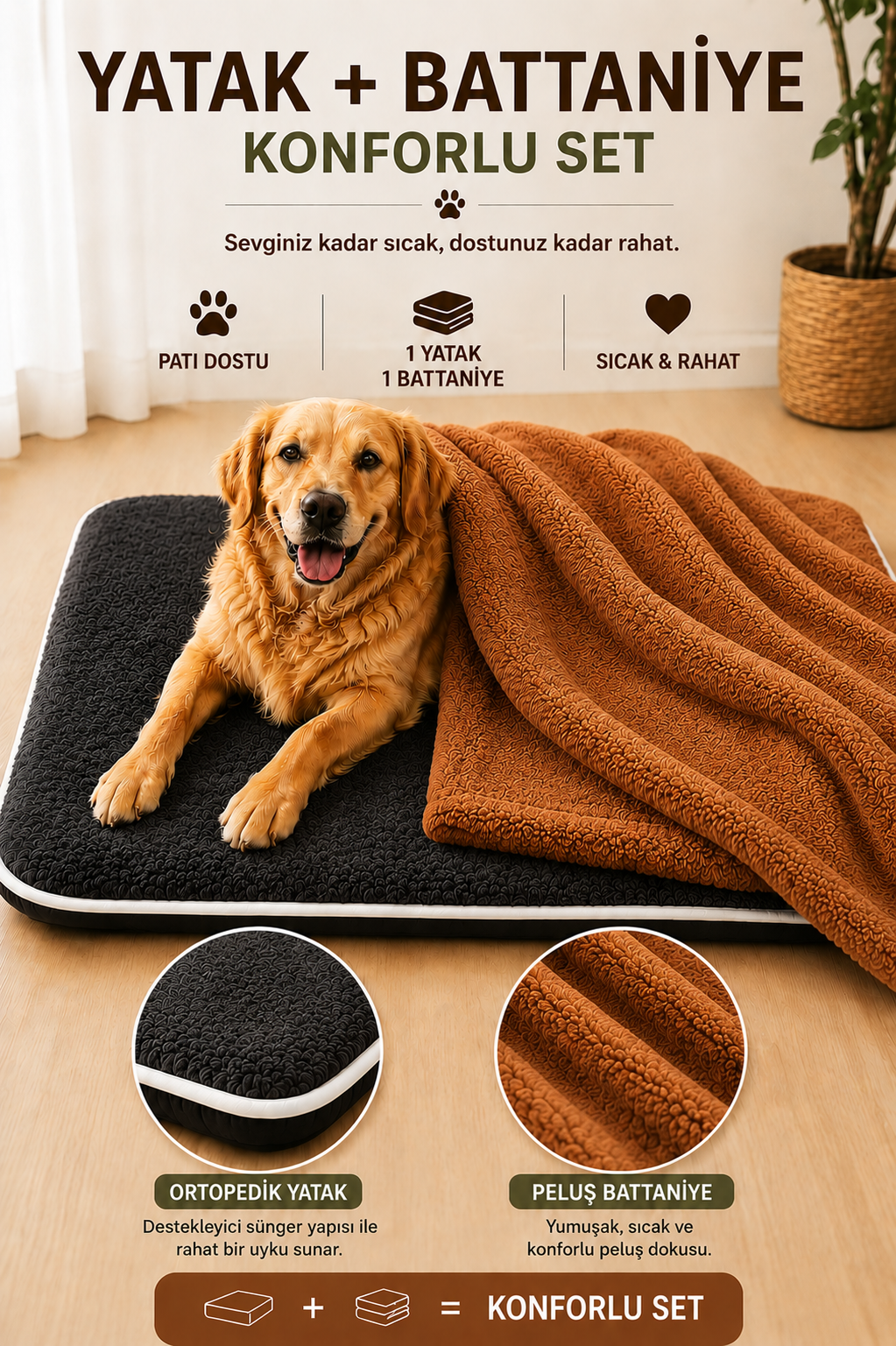 Ortopedik Süngerli Siyah Peluş Kedi Köpek Yatağı ve Battaniye Seti | Kaymaz Tabanlı Evcil Hayvan Minderi