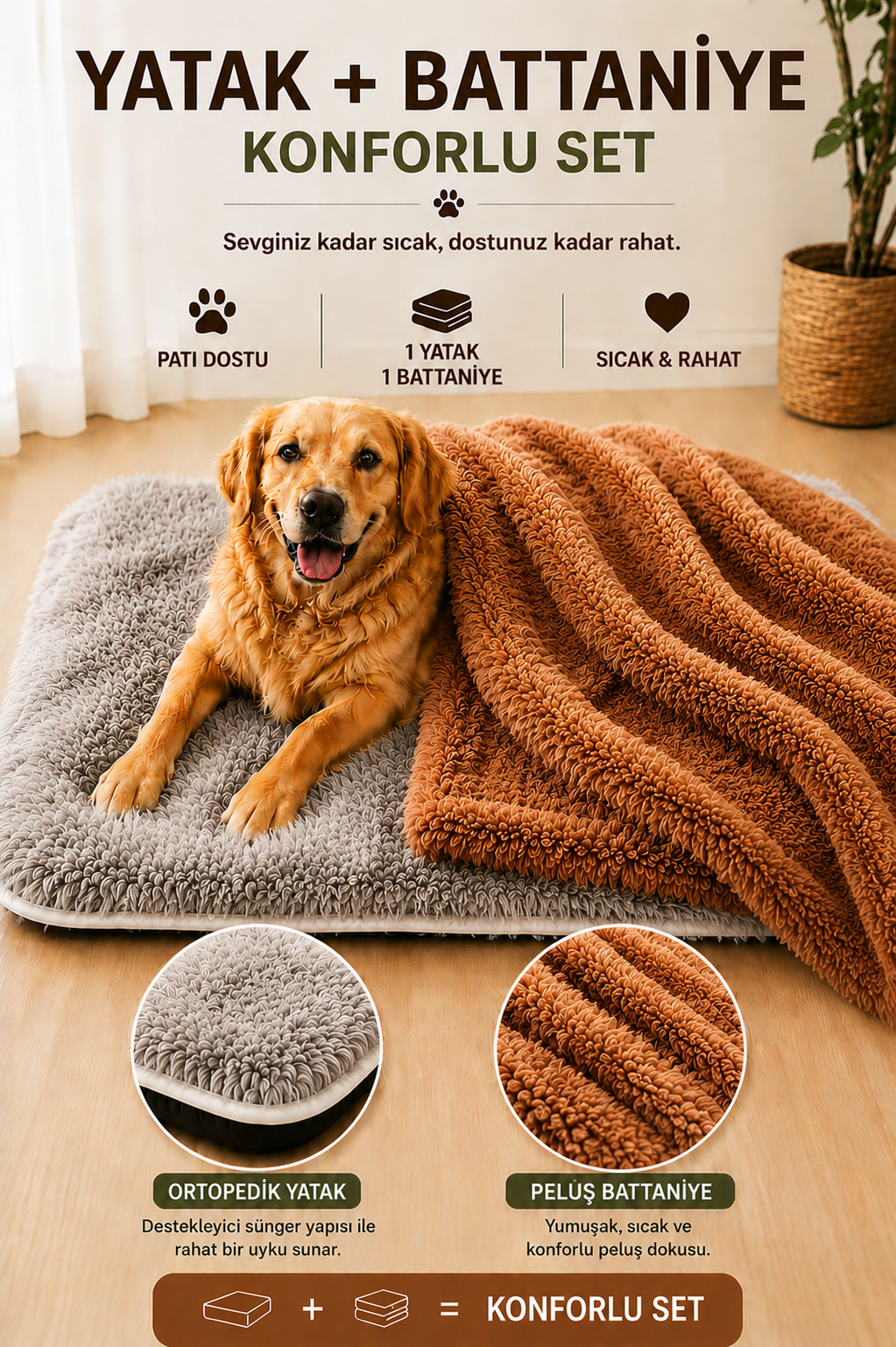 Ortopedik Süngerli Gri Peluş Kedi Köpek Yatağı ve Battaniye Seti | Kaymaz Tabanlı Evcil Hayvan Minderi