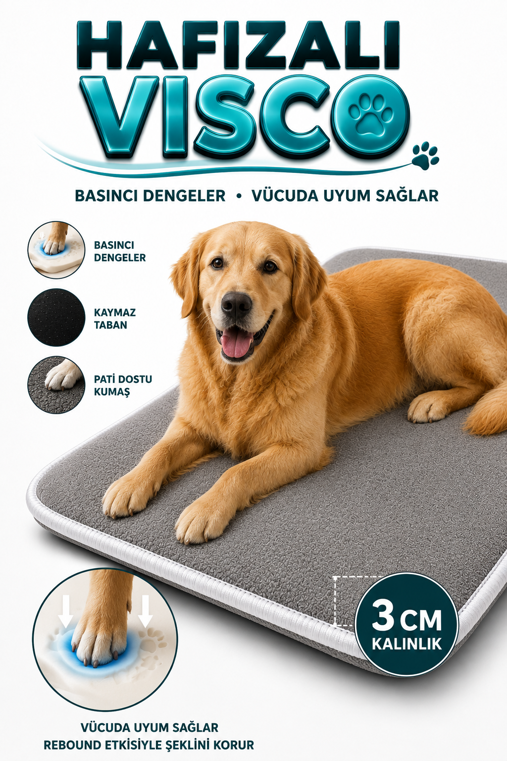Visco Kedi Köpek Yatağı – 3 CM Hafızalı Sünger, Pati Dostu Gri Kumaş
