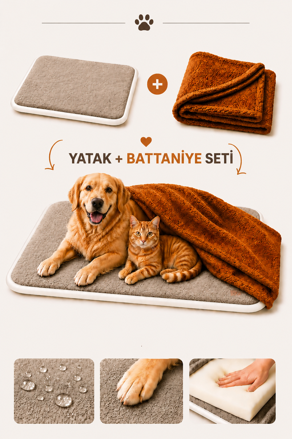 Ortopedik Süngerli Vizon Kedi Köpek Yatağı ve Battaniye Seti | Kaymaz Tabanlı Evcil Hayvan Minderi