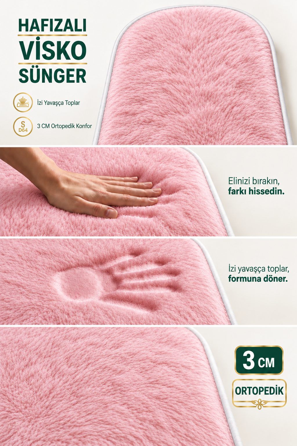 3 CM Süngerli Ortopedik Visco Seccade - Pembe Peluş Diz Ağrıtmaz Kadife