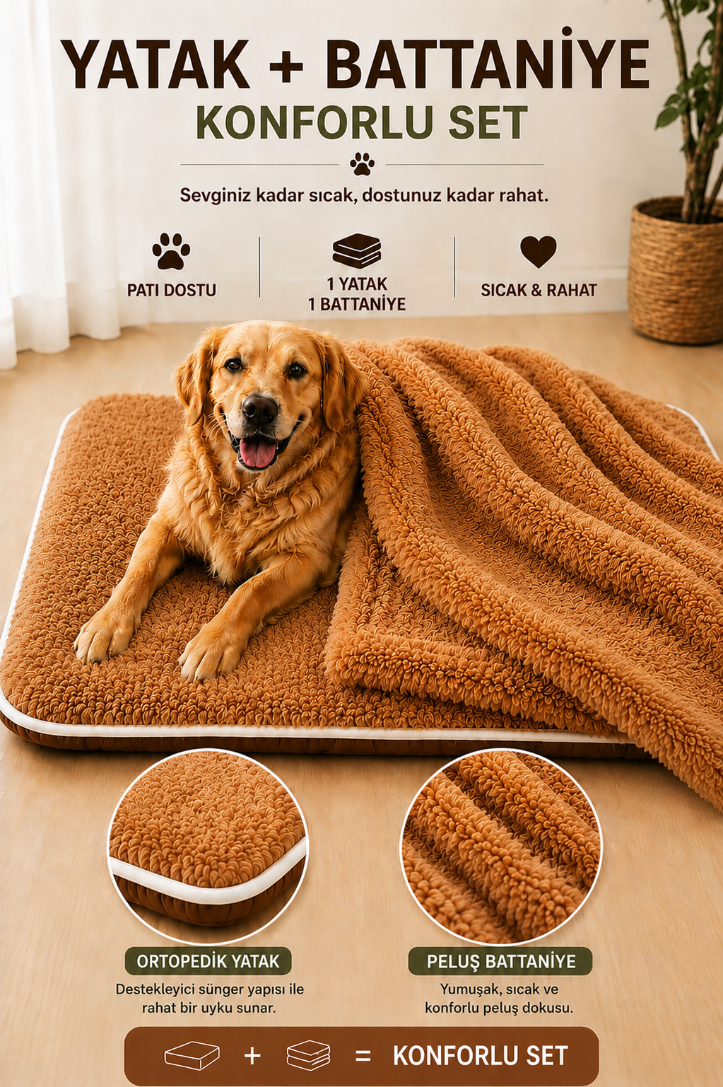 Ortopedik Süngerli Kahverengi Peluş Kedi Köpek Yatağı ve Battaniye Seti | Kaymaz Tabanlı Evcil Hayvan Minderi