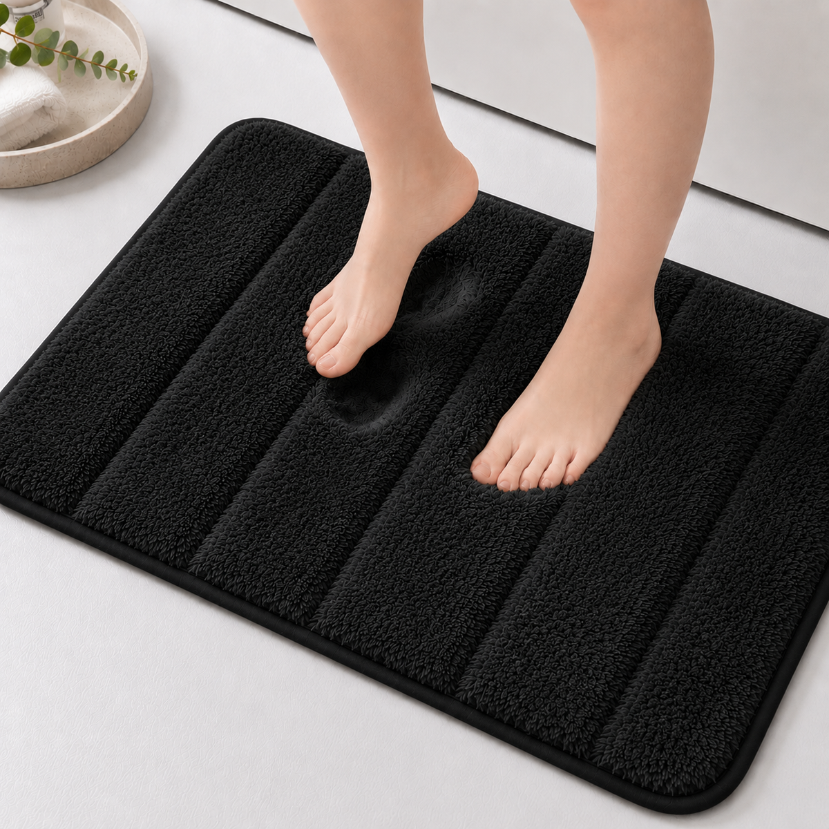 Süngerli Banyo Paspası Seti Kaymaz Taban - Siyah Peluş