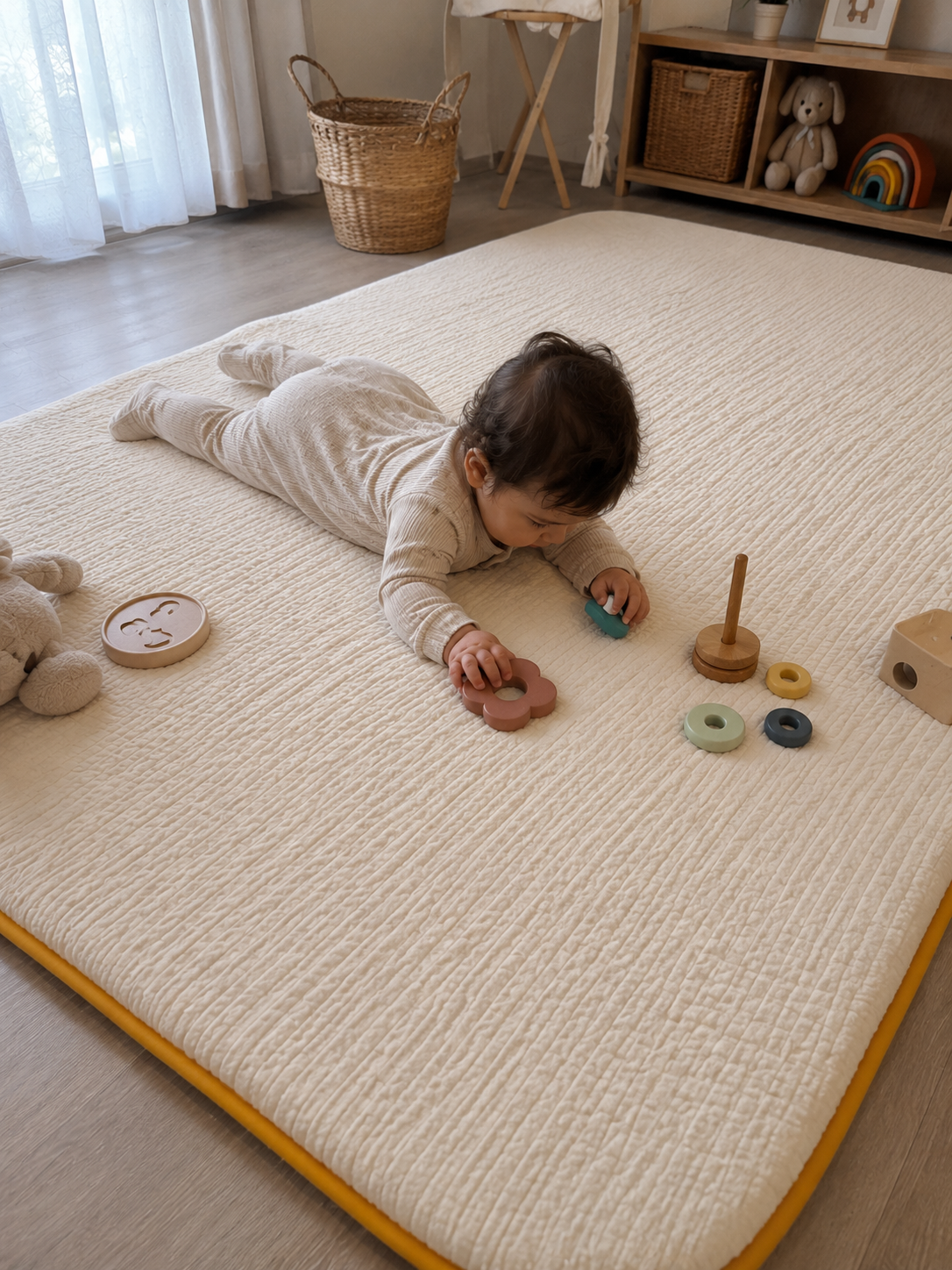 3 cm Süngerli Müslin Bebek Oyun Matı – Kaymaz Tabanlı Pamuk Krem