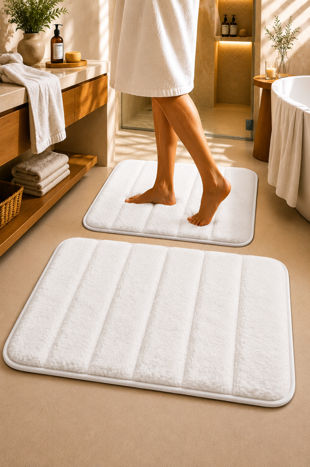 Süngerli Banyo Paspası Seti Kaymaz Taban - Beyaz Peluş