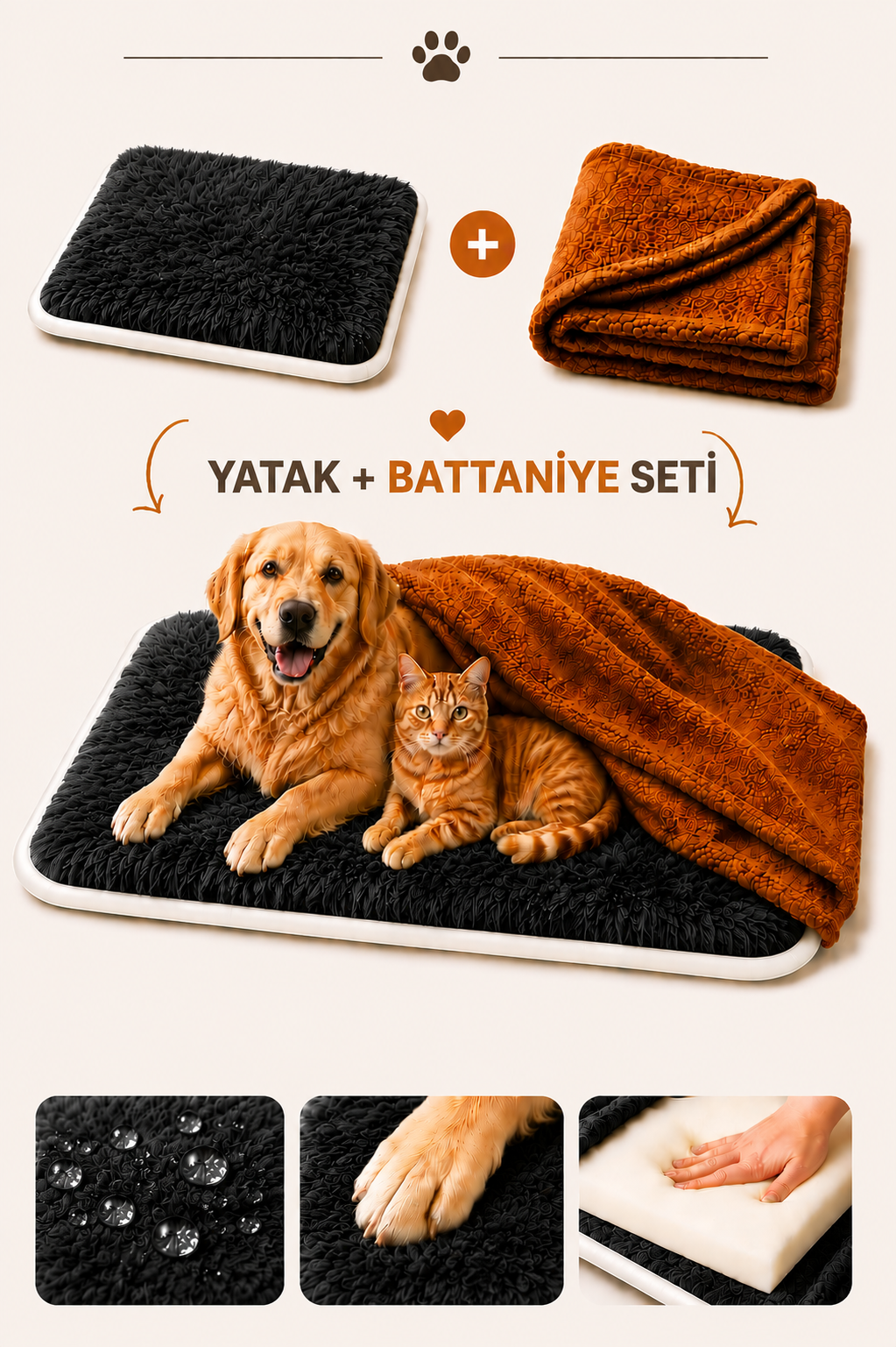 Ortopedik Süngerli Siyah Peluş Kedi Köpek Yatağı ve Battaniye Seti | Kaymaz Tabanlı Evcil Hayvan Minderi