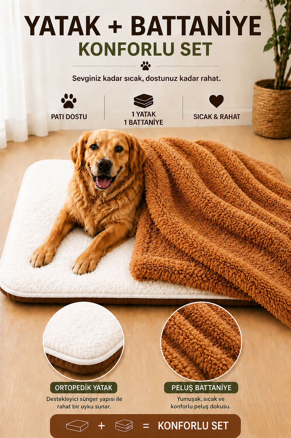 Ortopedik Süngerli Beyaz Peluş Kedi Köpek Yatağı ve Battaniye Seti | Kaymaz Tabanlı Evcil Hayvan Minderi