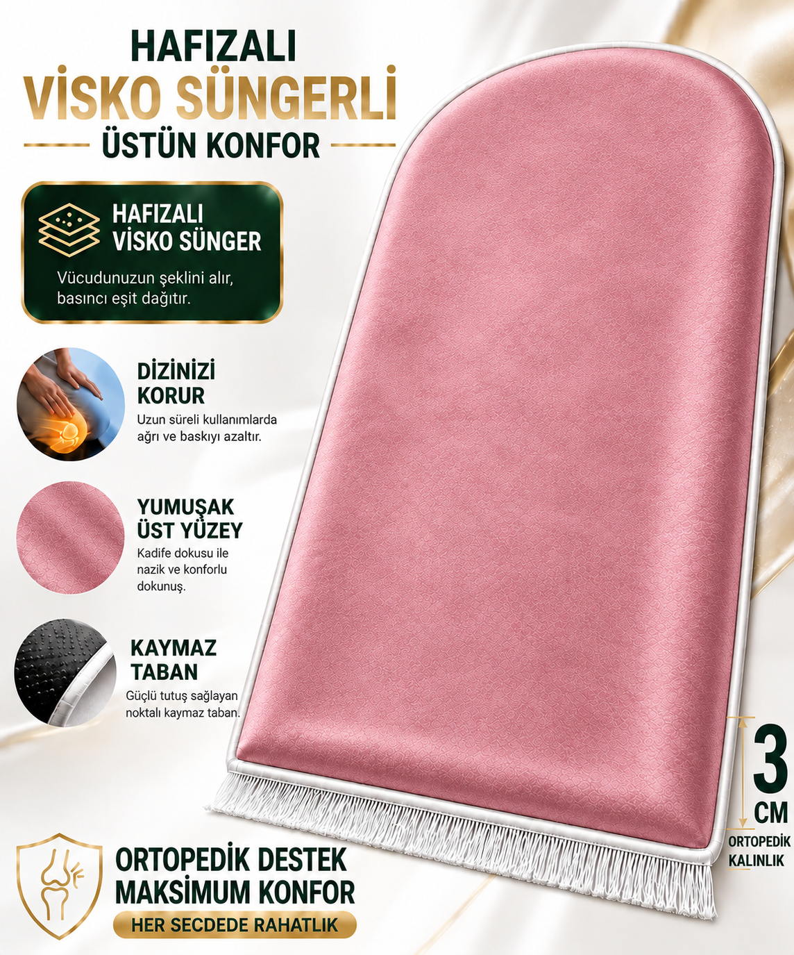 3 CM Süngerli Ortopedik Visco Seccade -Düz Renk Desensiz Pembe Kadife