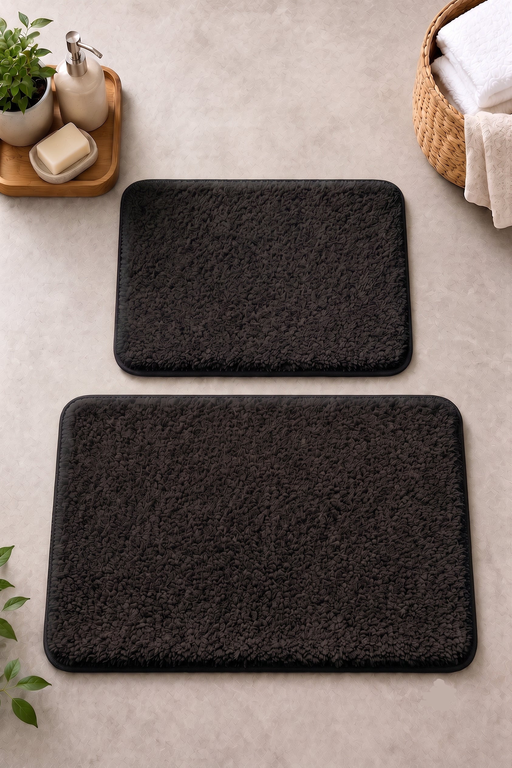Kaydırmaz Banyo Paspası Seti - 2'li Peluş Banyo Halısı Siyah