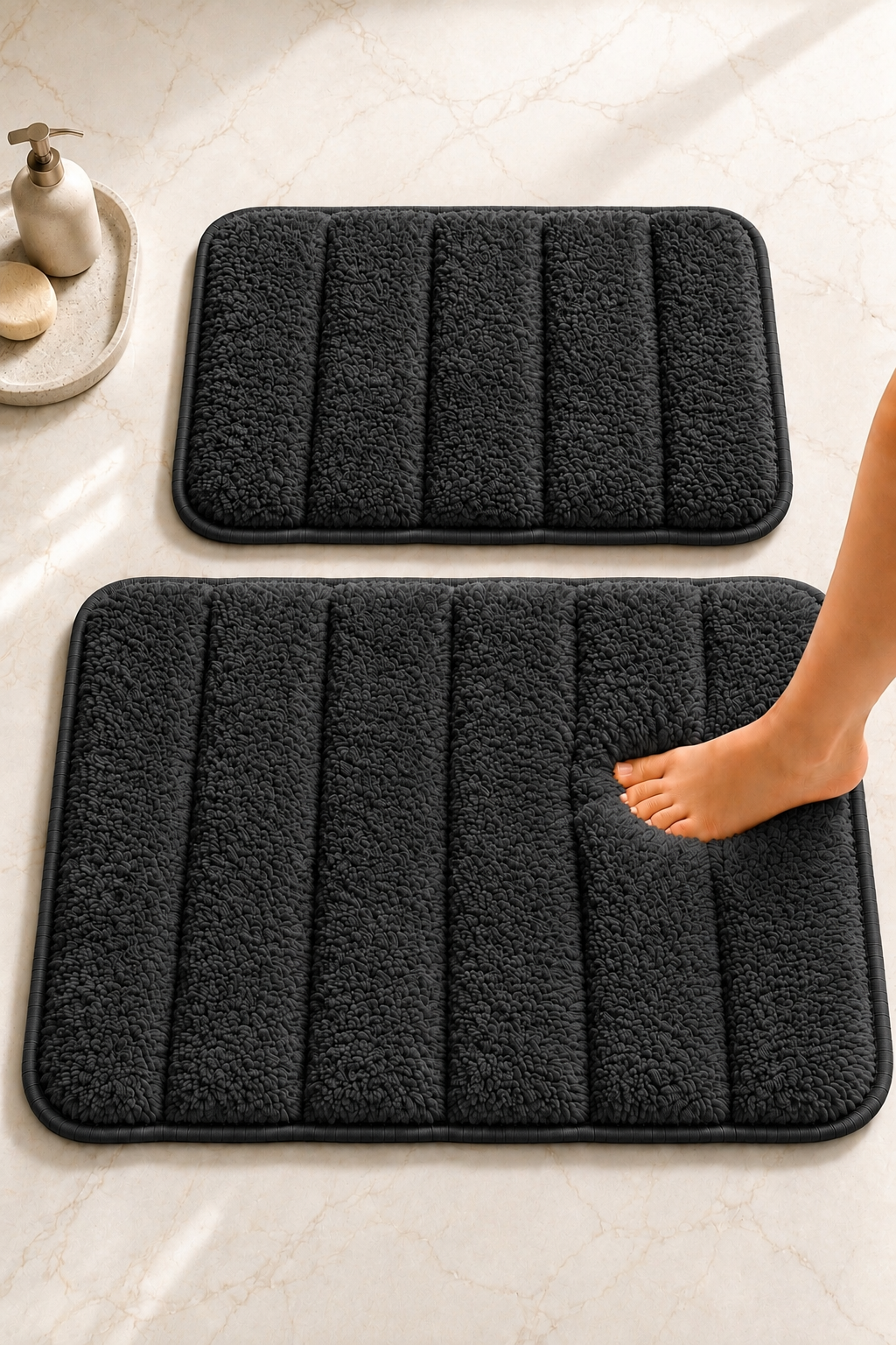 Süngerli Banyo Paspası Seti Kaymaz Taban - Siyah Peluş