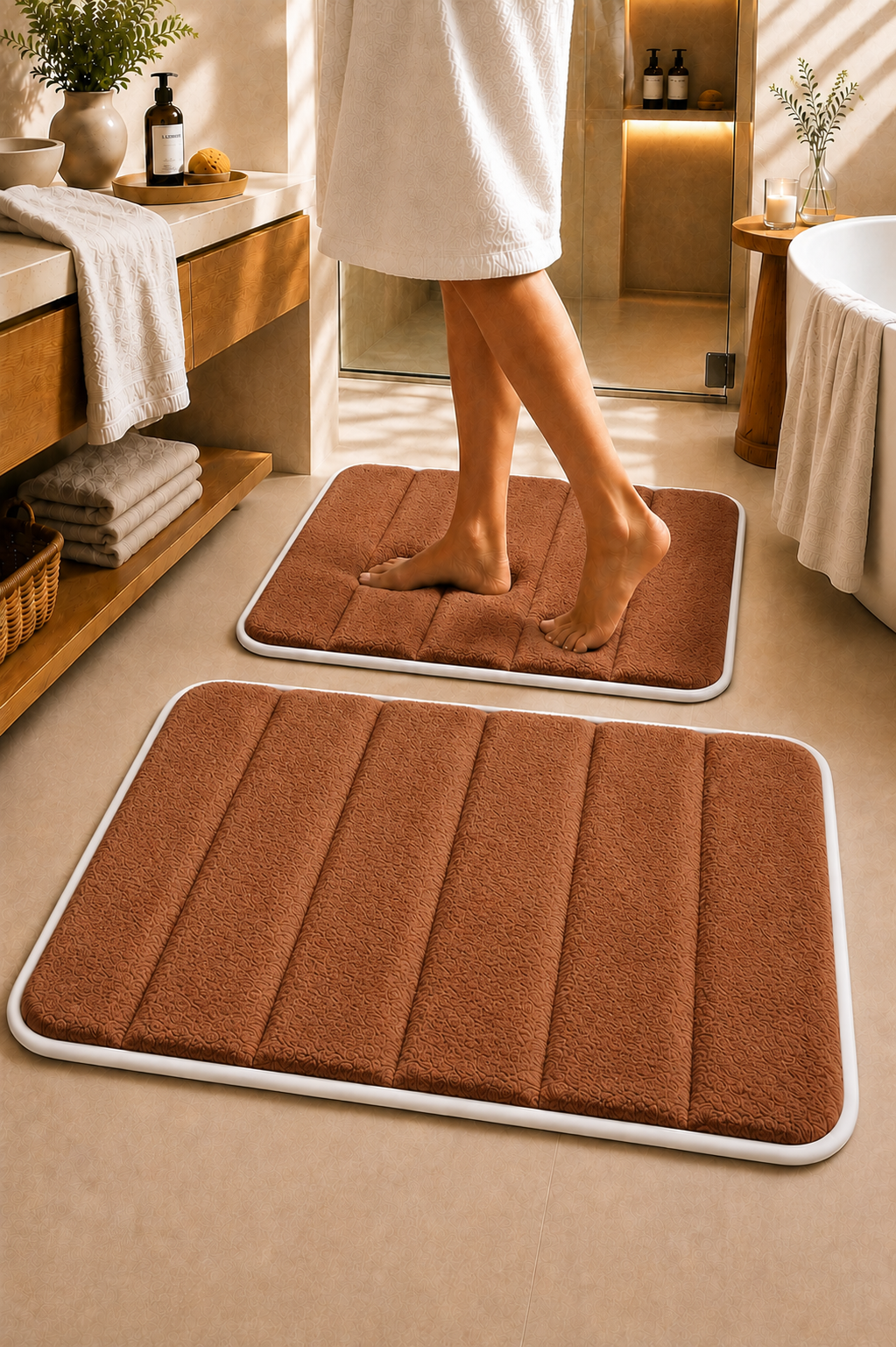 Süngerli Banyo Paspası Seti Kaymaz Taban - Kahverengi Peluş