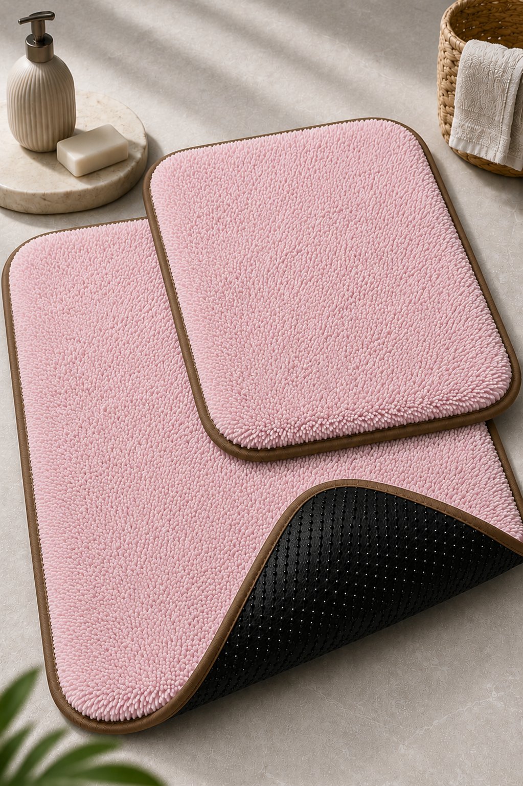 Kaydırmaz Banyo Paspası Seti - 2'li Peluş Banyo Halısı Pembe