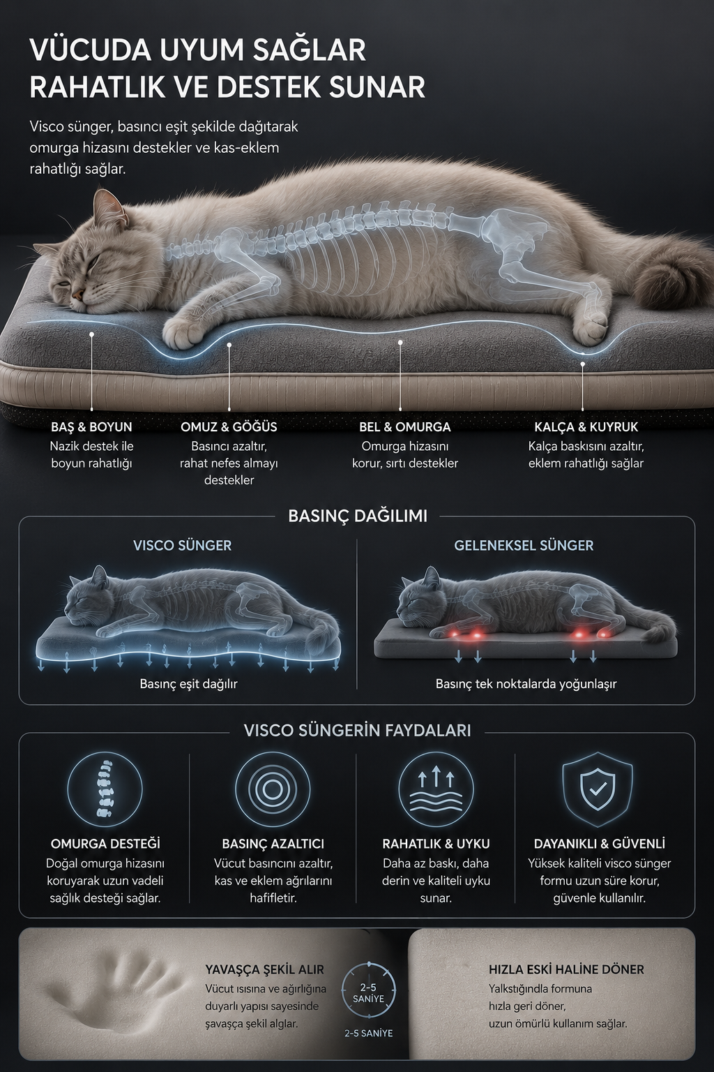 Visco Kedi Köpek Yatağı – 3 CM Hafızalı Sünger, Pati Dostu Gri Kumaş