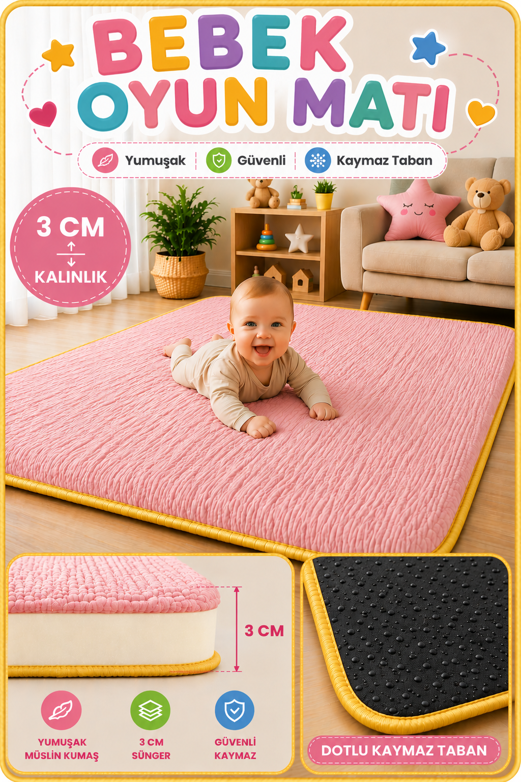 3 cm Süngerli Müslin Bebek Oyun Matı – Kaymaz Tabanlı Pamuk Pembe