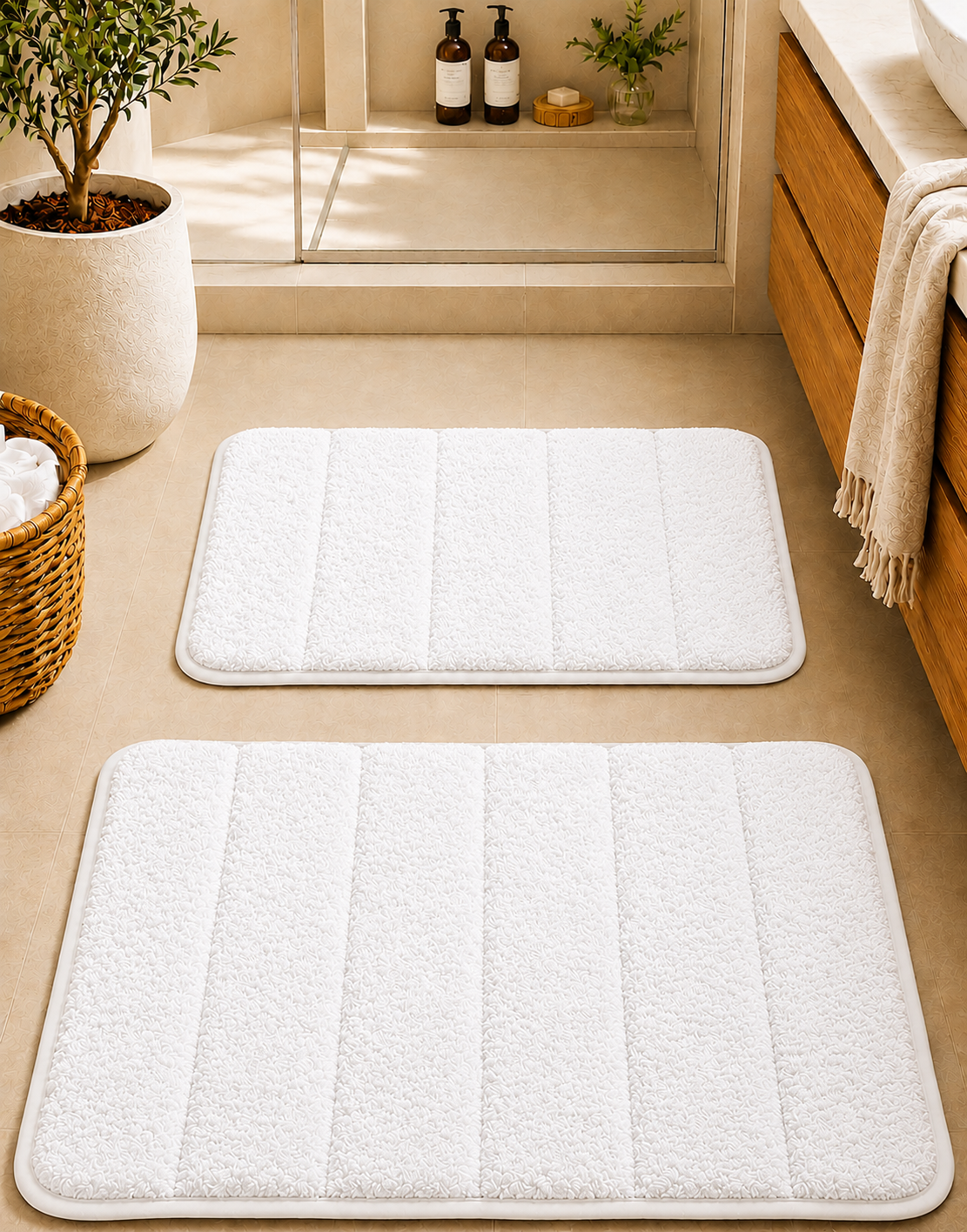 Süngerli Banyo Paspası Seti Kaymaz Taban - Beyaz Peluş
