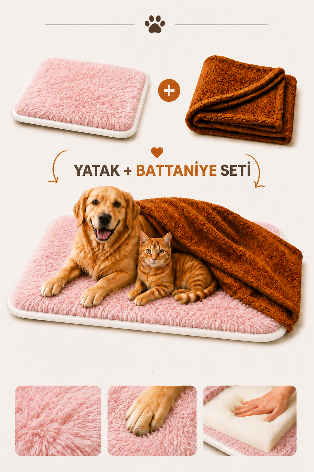 Ortopedik Süngerli Pembe Peluş Kedi Köpek Yatağı ve Battaniye Seti | Kaymaz Tabanlı Evcil Hayvan Minderi