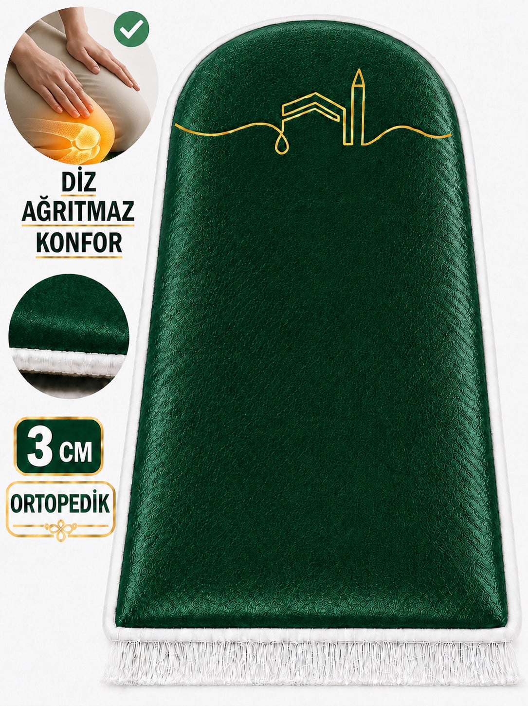 3 CM Süngerli Yeşil Kabe Kadife Ortopedik Seccade - Diz Ağrıtmaz