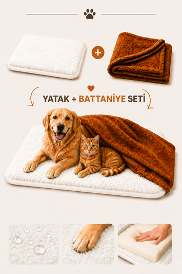Ortopedik Süngerli Beyaz Peluş Kedi Köpek Yatağı ve Battaniye Seti | Kaymaz Tabanlı Evcil Hayvan Minderi