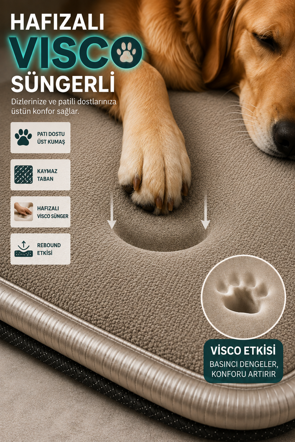 Visco Kedi Köpek Yatağı – 3 CM Hafızalı Sünger, Pati Dostu Vizon Kumaş