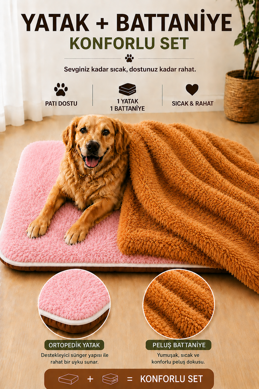 Ortopedik Süngerli Pembe Peluş Kedi Köpek Yatağı ve Battaniye Seti | Kaymaz Tabanlı Evcil Hayvan Minderi