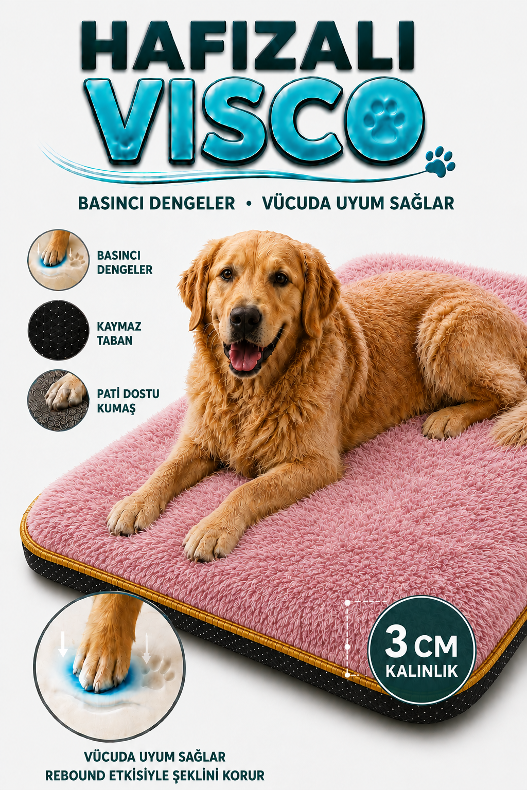 Visco Kedi Köpek Yatağı – 3 CM Hafızalı Sünger, Welsoft Pembe Peluş