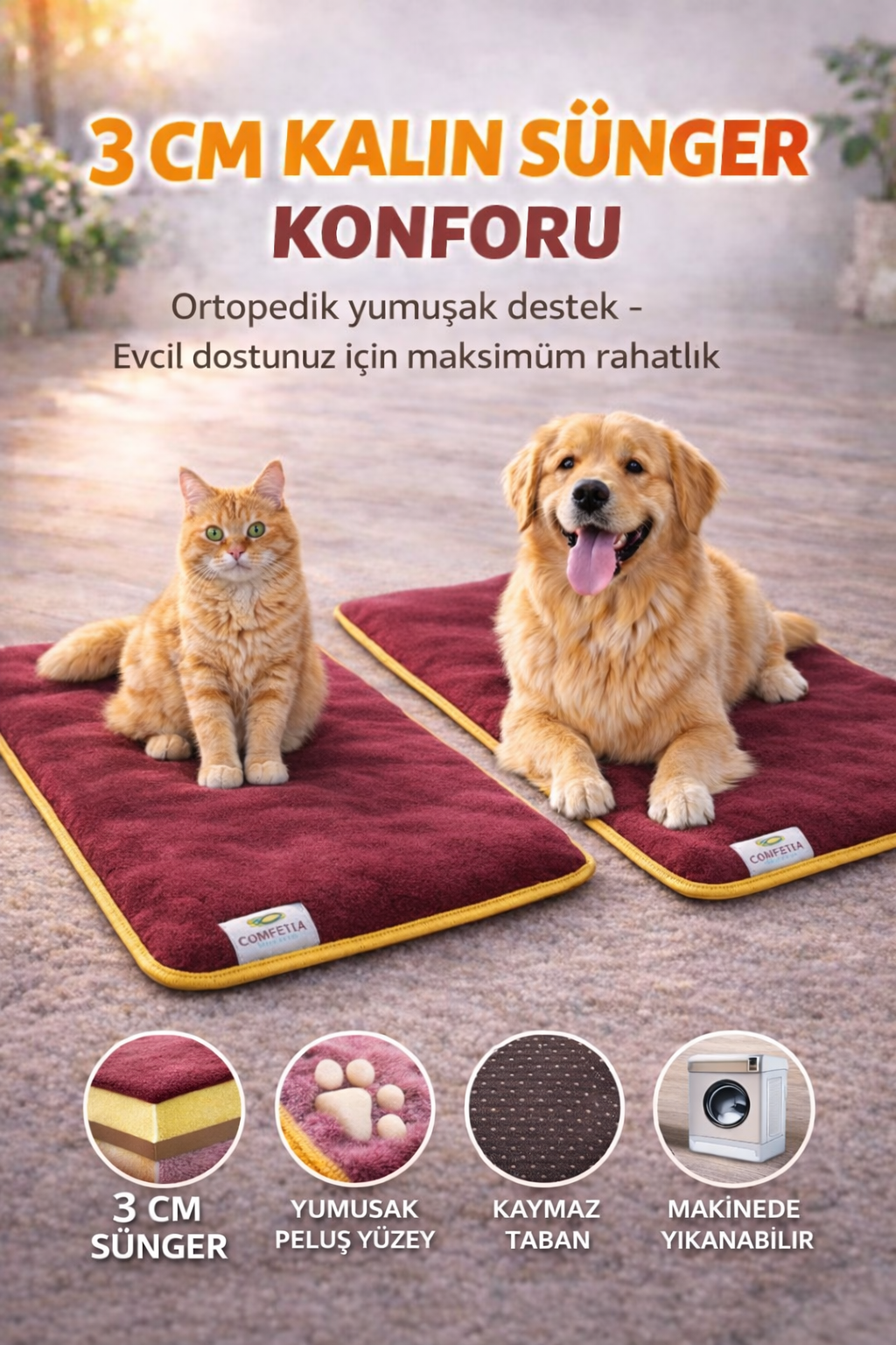3 CM Süngerli Ortopedik Kedi Köpek Yatağı Bordo Süet – Kaymaz Tabanlı Peluş Pet Mat Minderi