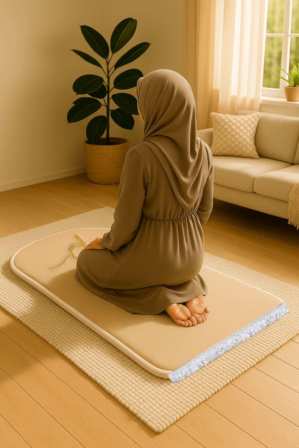 Bej Kabe İşlemeli Kadife Seccade | Ortopedik 3cm Süngerli - Carpetella