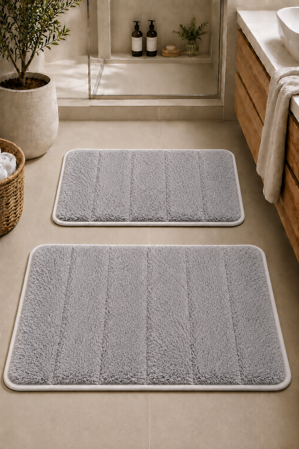Süngerli Banyo Paspası Seti Kaymaz Taban - Gri Peluş