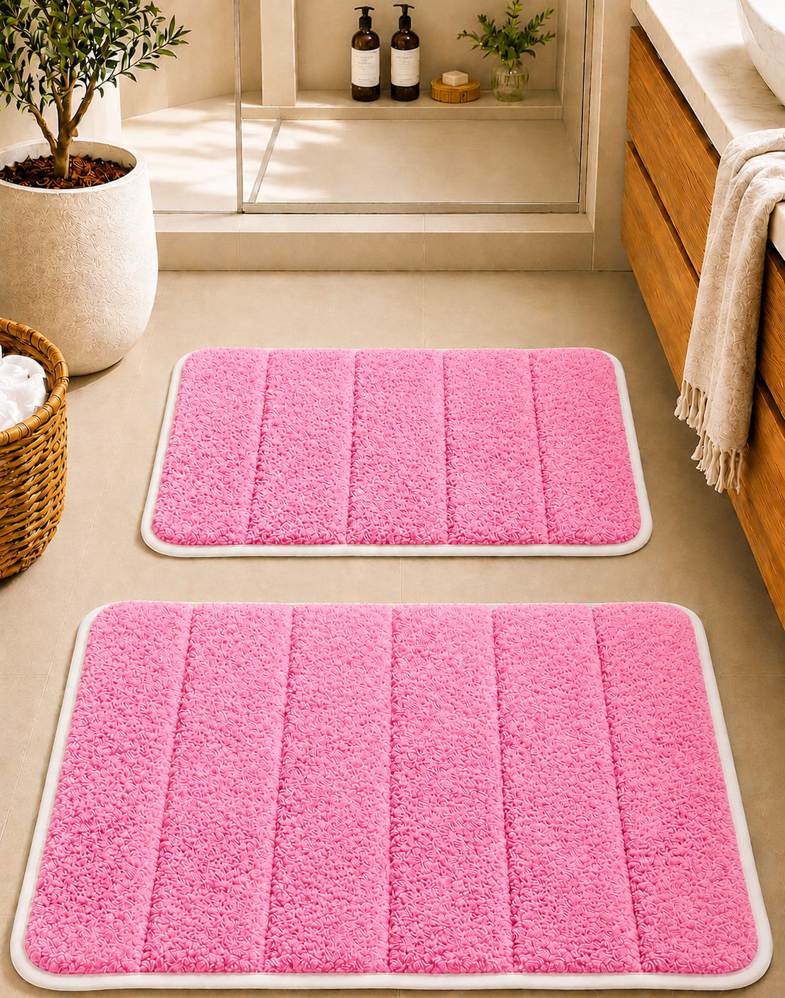 Süngerli Banyo Paspası Seti Kaymaz Taban - Pembe Peluş