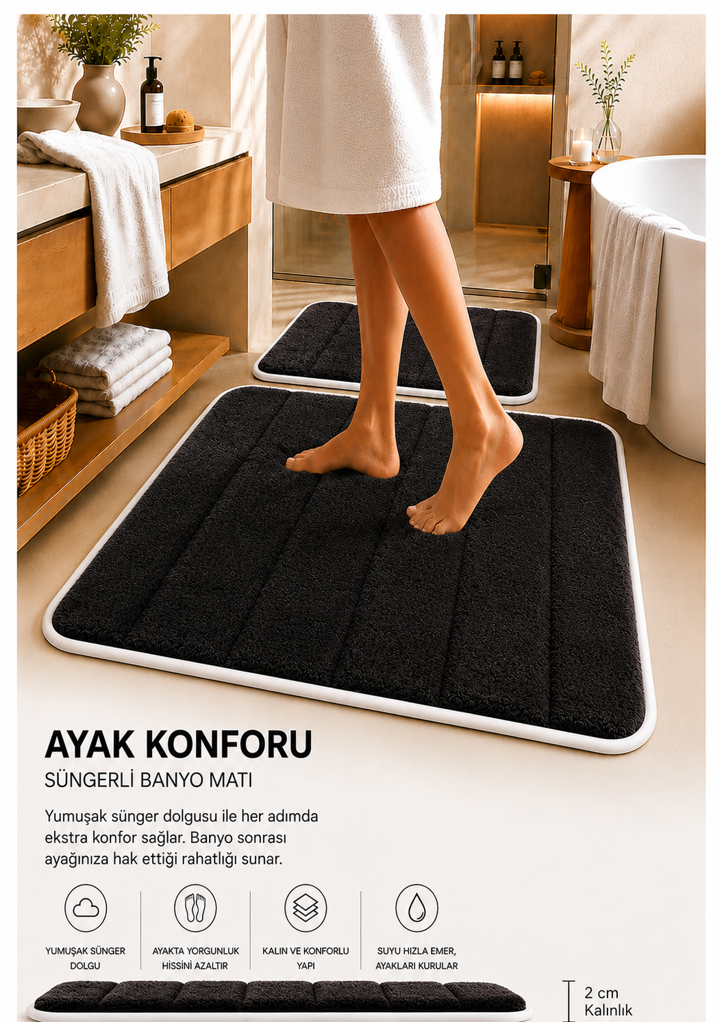 Süngerli Banyo Paspası Seti Kaymaz Taban - Siyah Peluş