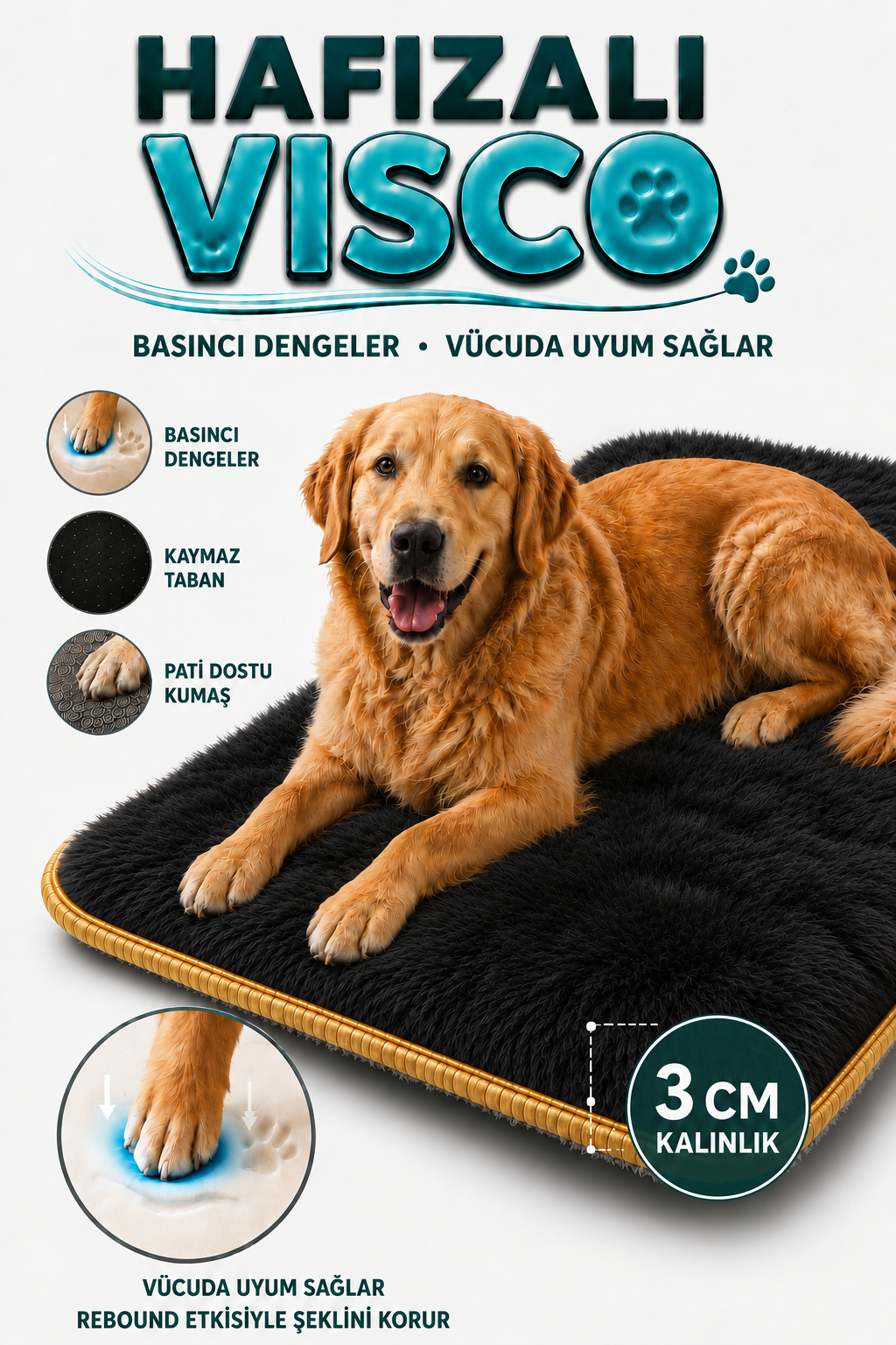 Visco Kedi Köpek Yatağı – 3 CM Hafızalı Sünger, Welsoft Siyah Peluş
