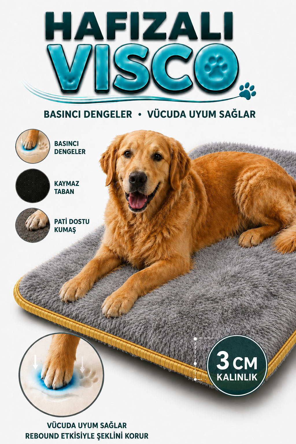 Visco Kedi Köpek Yatağı – 3 CM Hafızalı Sünger, Gri Welsoft Peluş