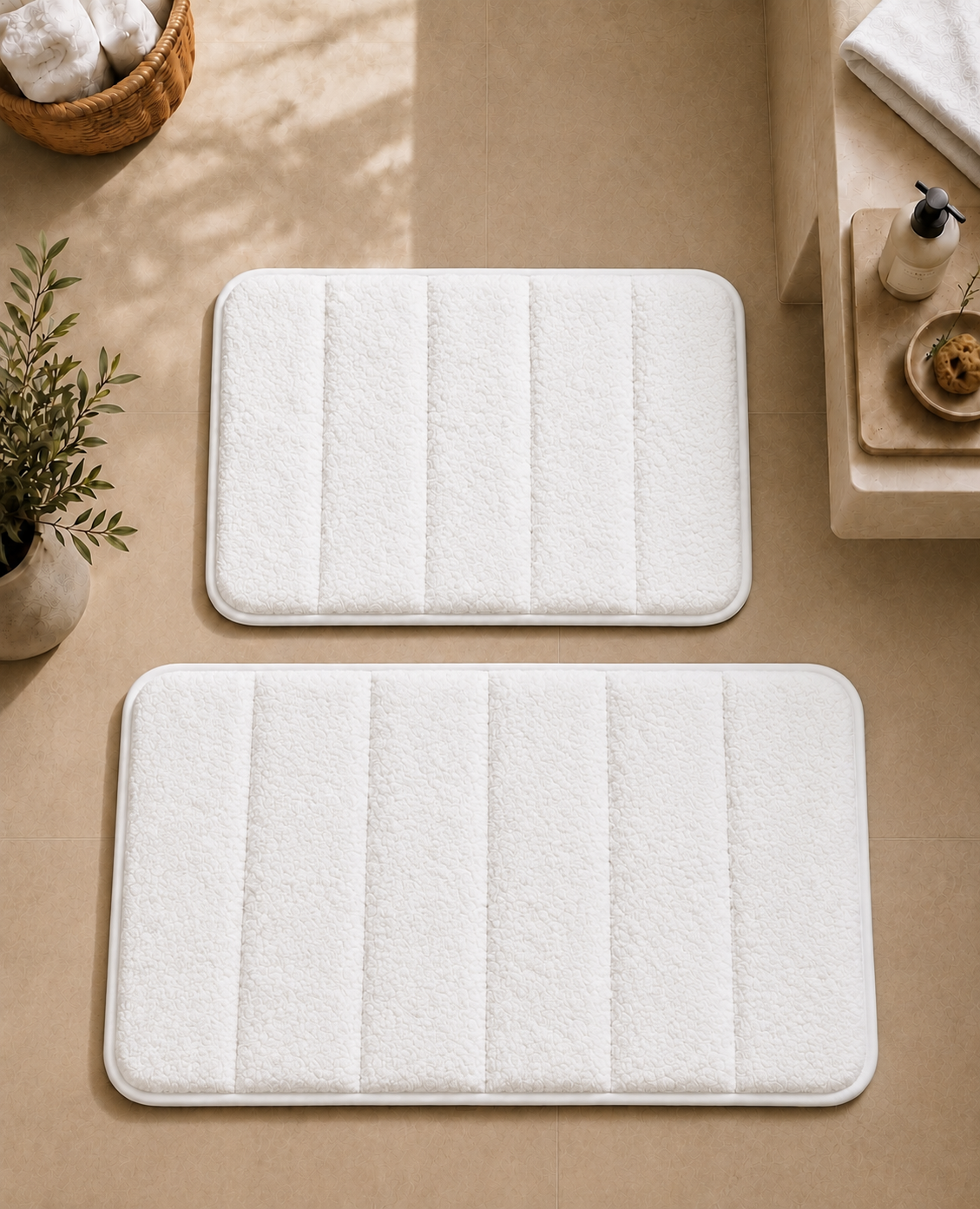 Süngerli Banyo Paspası Seti Kaymaz Taban - Beyaz Peluş