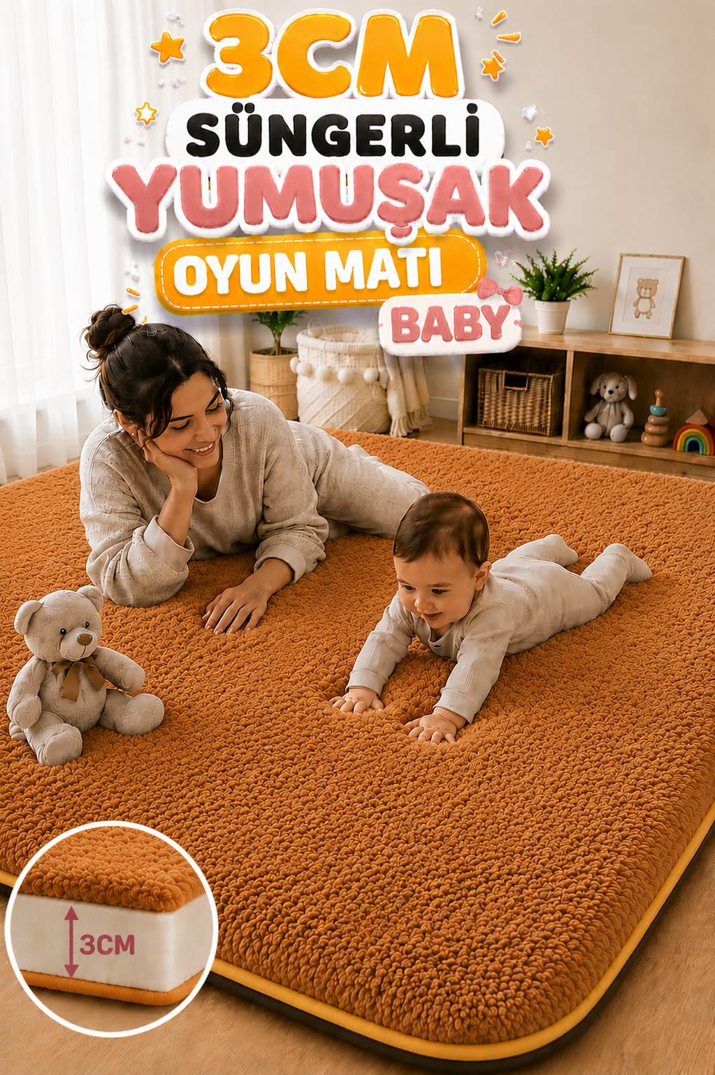 3 cm Süngerli Welsoft Bebek Oyun Matı | Kaymaz Taban Kahverengi