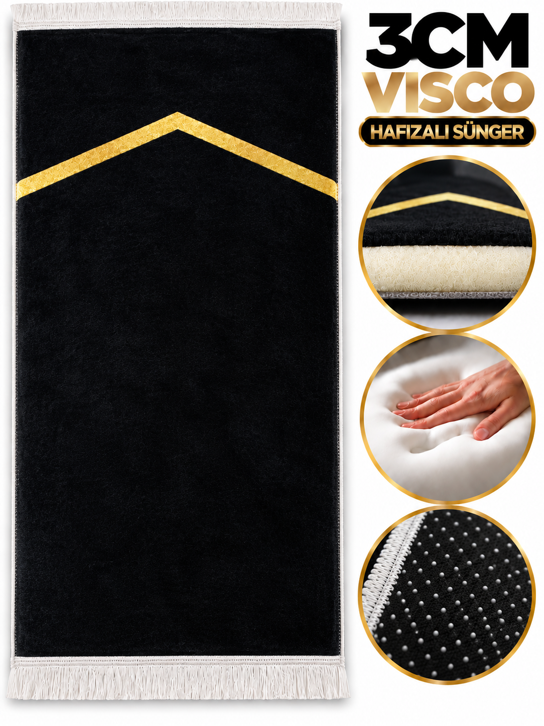 3 CM Süngerli Ortopedik Visco Seccade - Siyah Sade Minimalist Ortopedik Seccade
