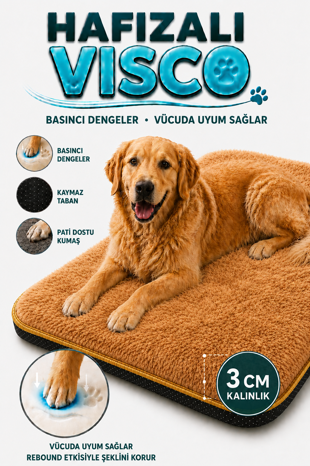 Visco Kedi Köpek Yatağı – 3 CM Hafızalı Sünger, Kahverengi Welsoft Peluş