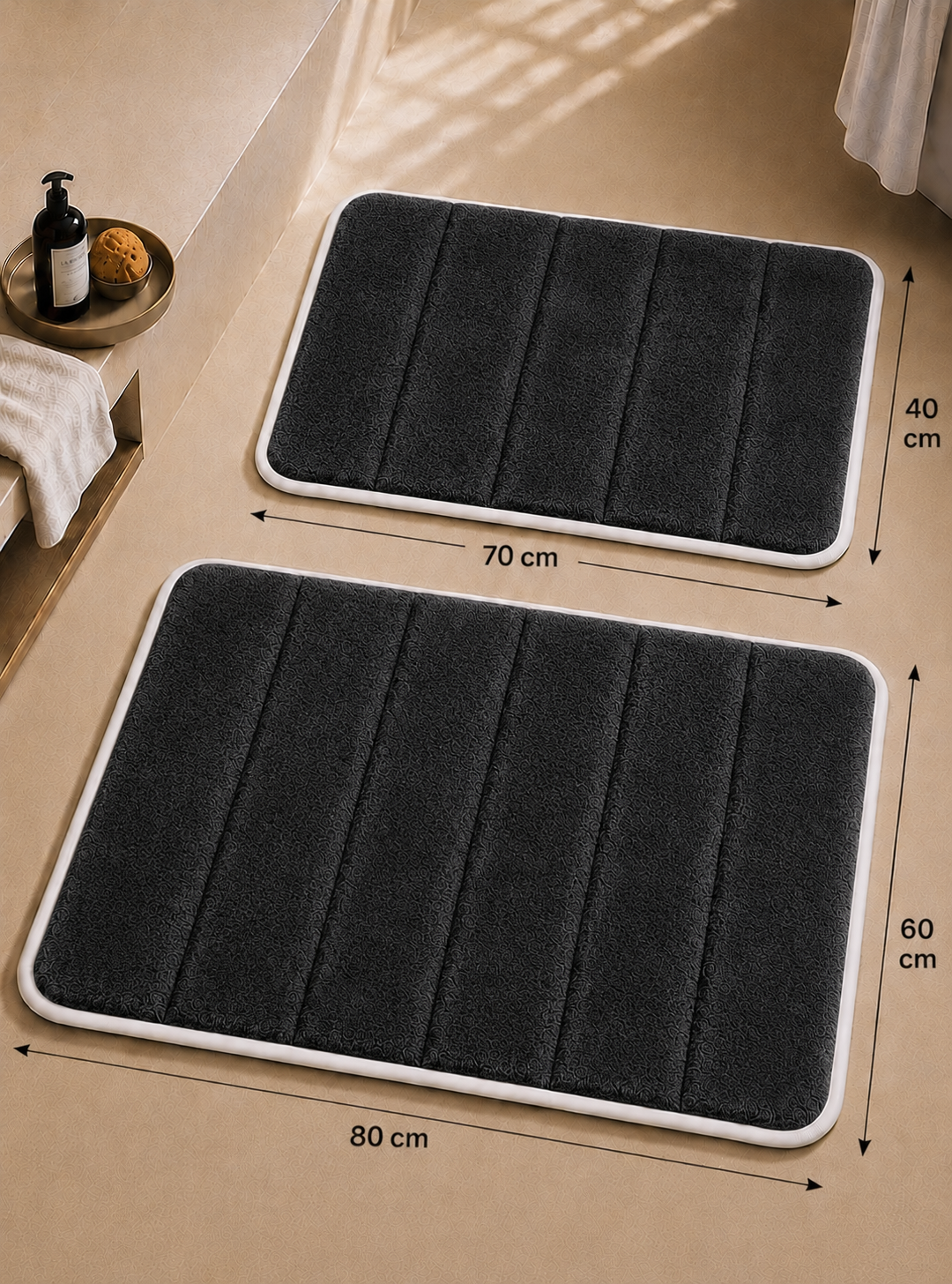 Süngerli Banyo Paspası Seti Kaymaz Taban - Siyah Peluş