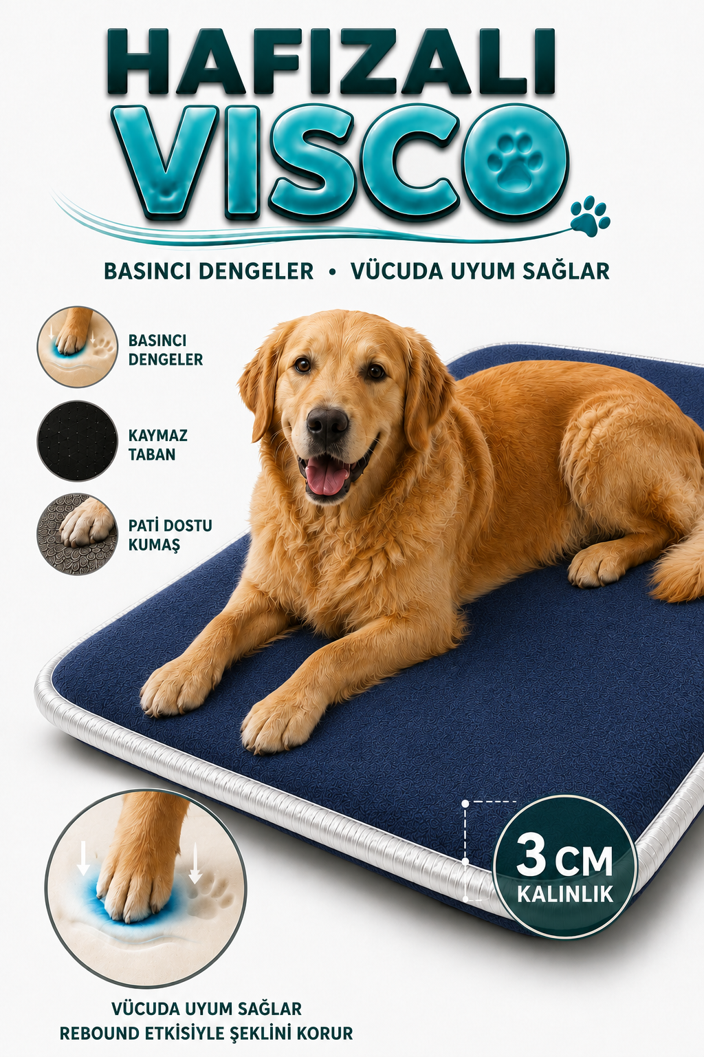 Visco Kedi Köpek Yatağı – 3 CM Hafızalı Sünger, Pati Dostu Lacivert Kumaş