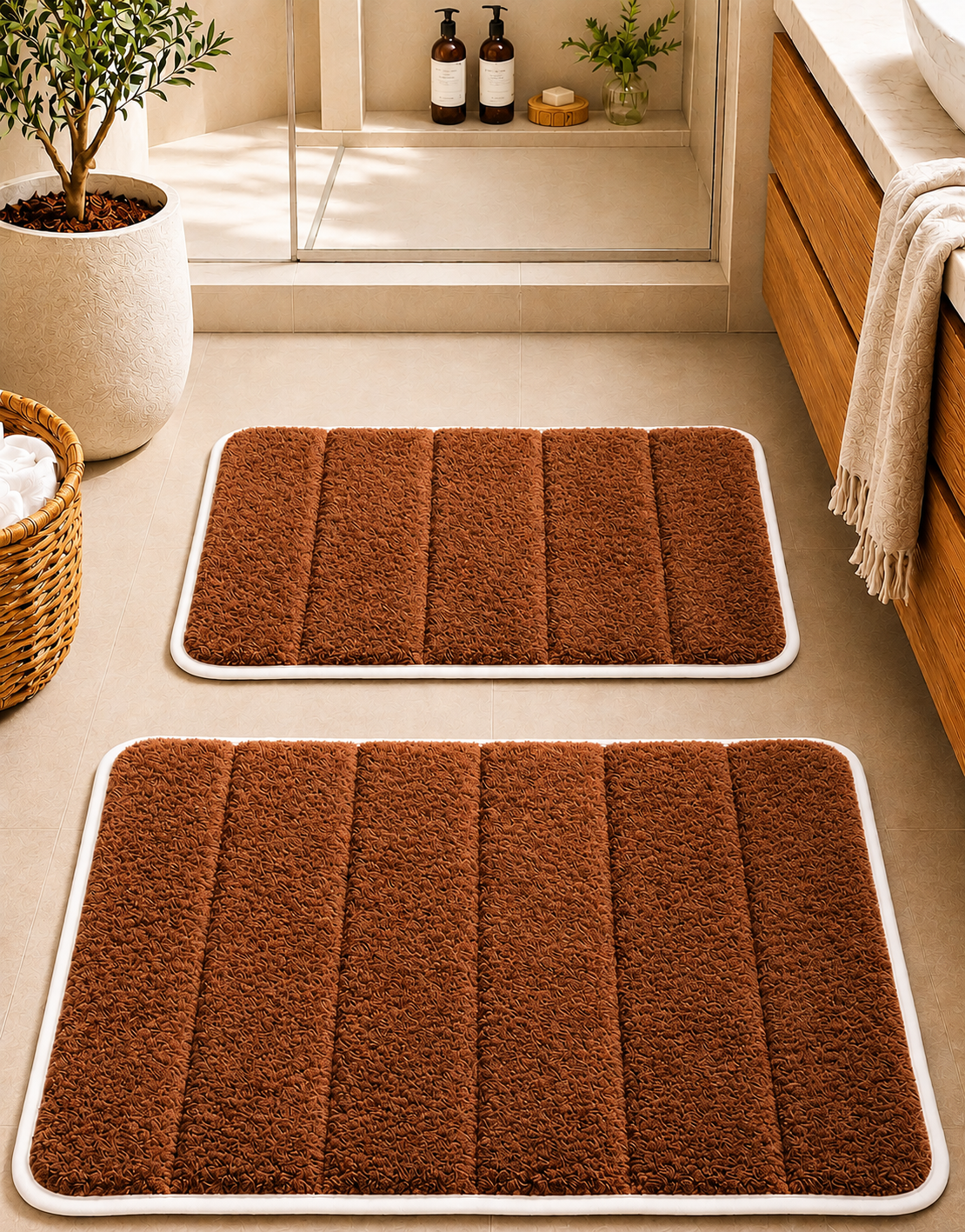 Süngerli Banyo Paspası Seti Kaymaz Taban - Kahverengi Peluş