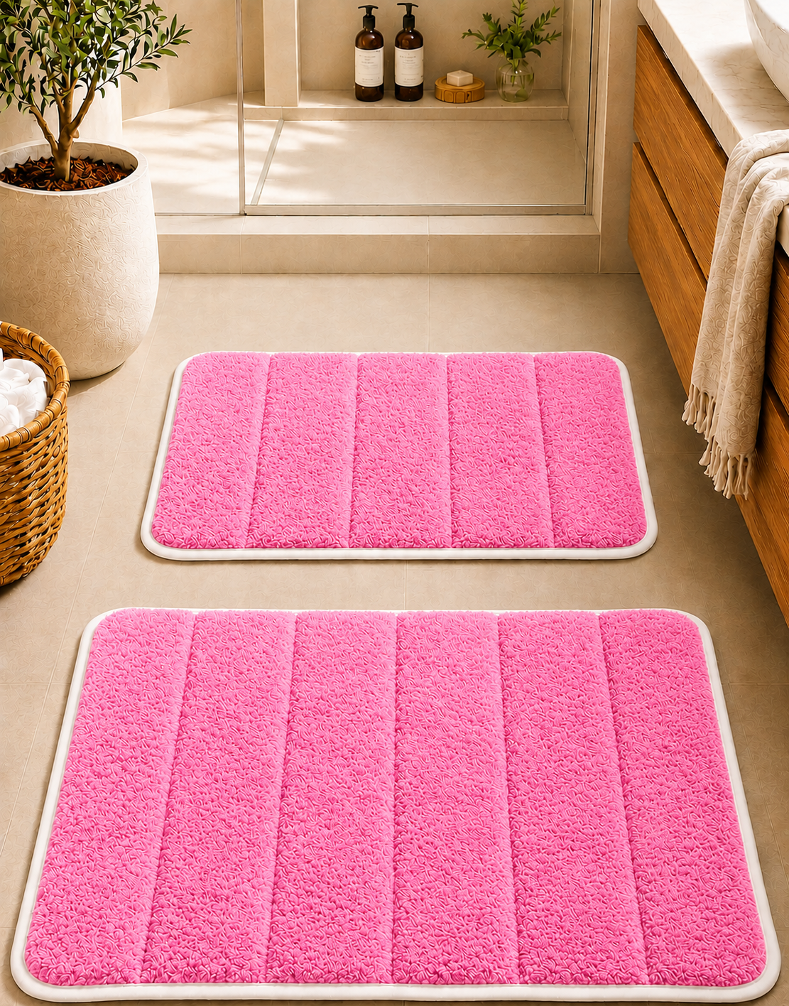 Süngerli Banyo Paspası Seti Kaymaz Taban - Pembe Peluş