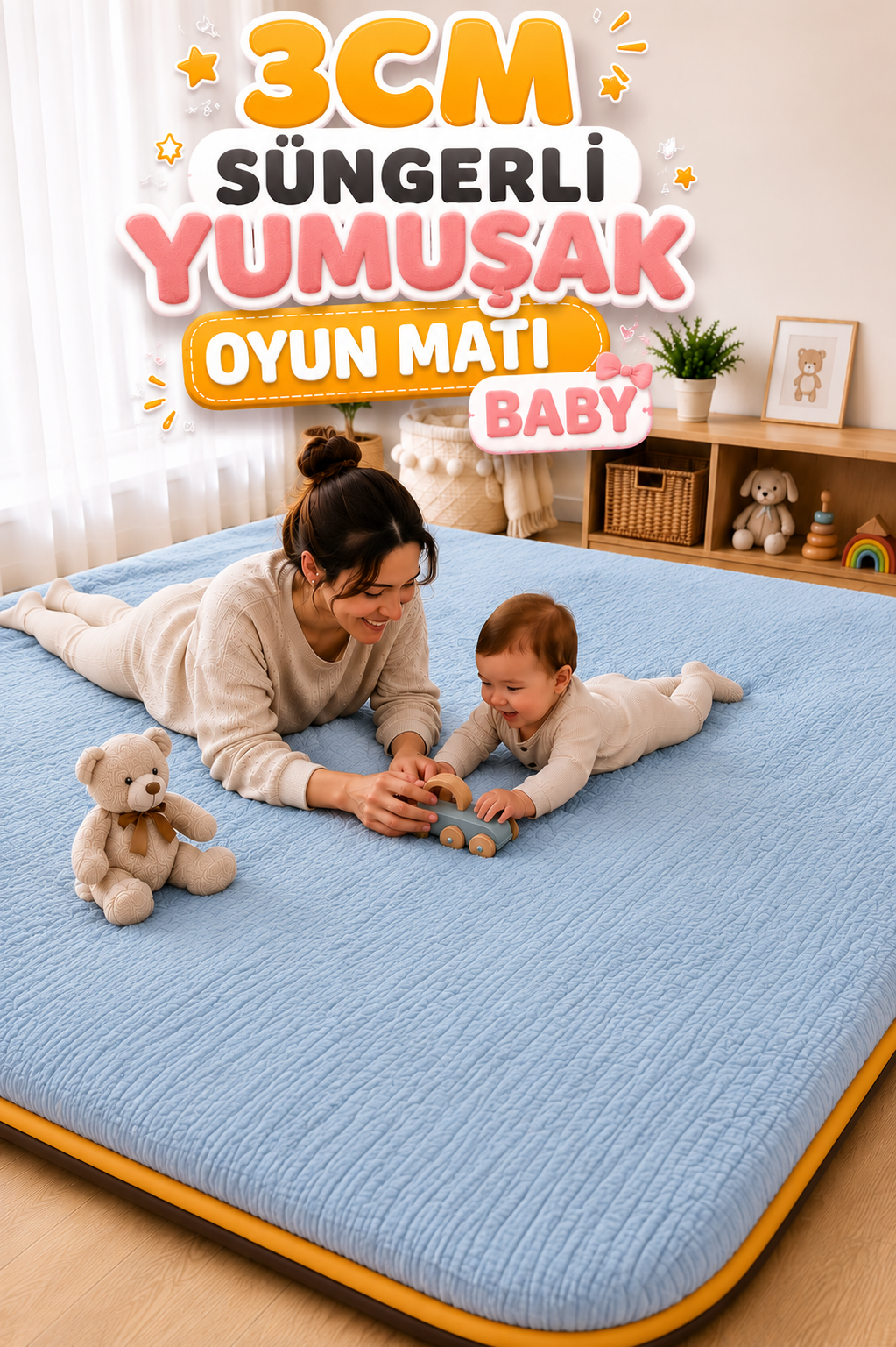 3 cm Süngerli Müslin Bebek Oyun Matı – Kaymaz Tabanlı Pamuk Mavi