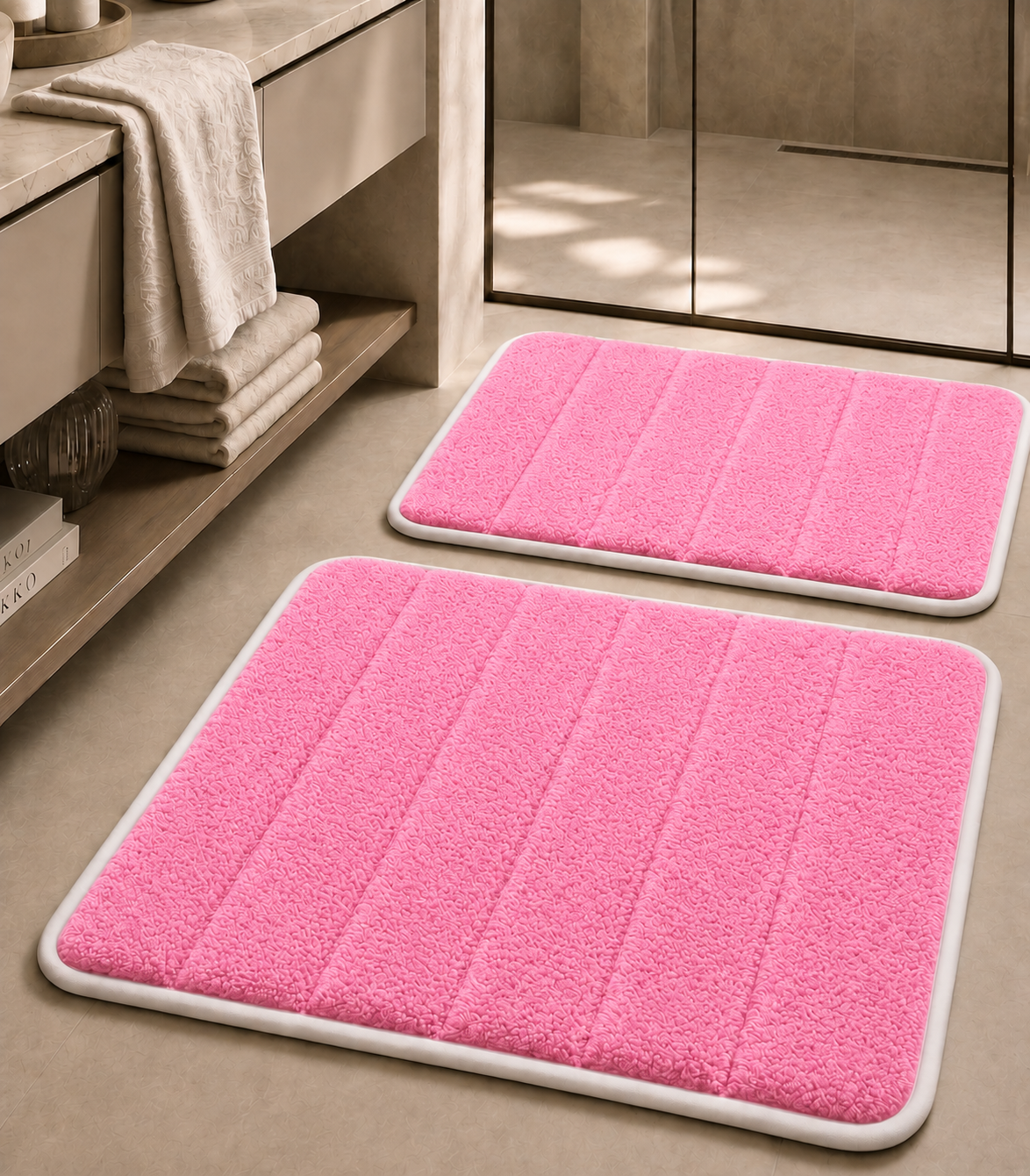 Süngerli Banyo Paspası Seti Kaymaz Taban - Pembe Peluş
