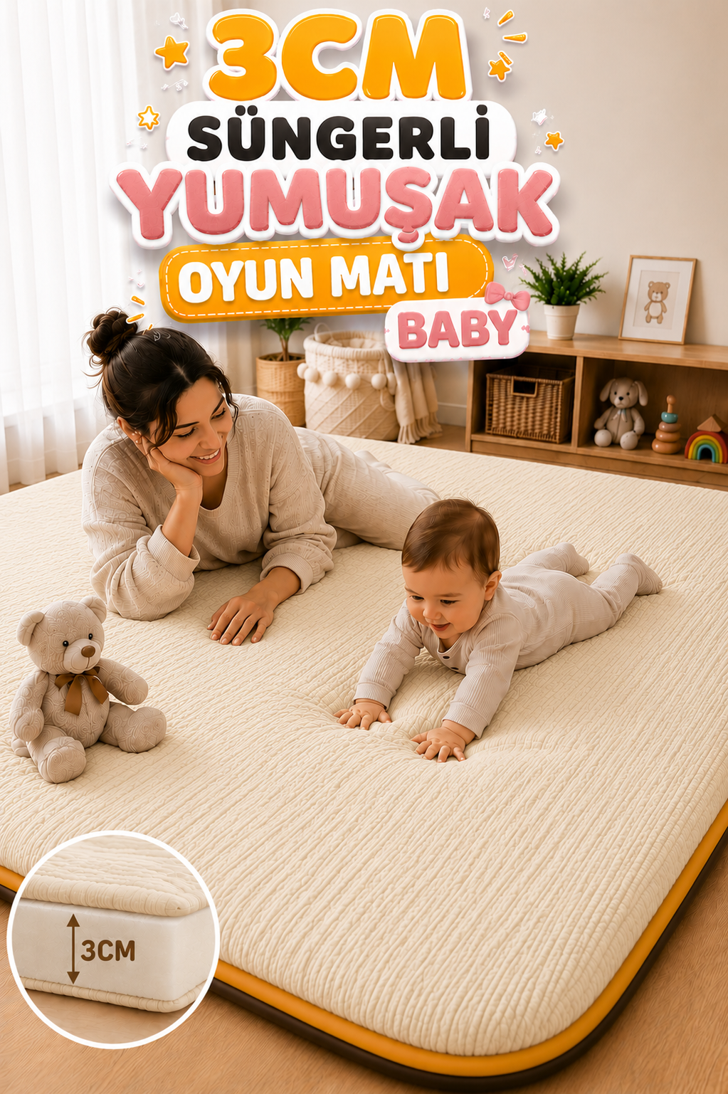 3 cm Süngerli Müslin Bebek Oyun Matı – Kaymaz Tabanlı Pamuk Krem